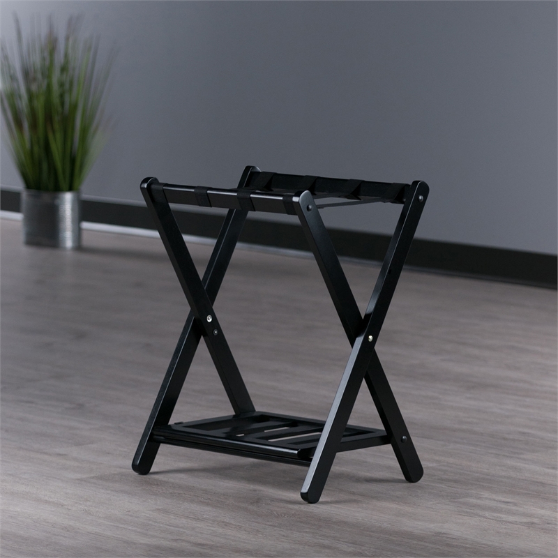 Winsome Raya Transitional Solid Wood Luggage Rack with Shelf in Black