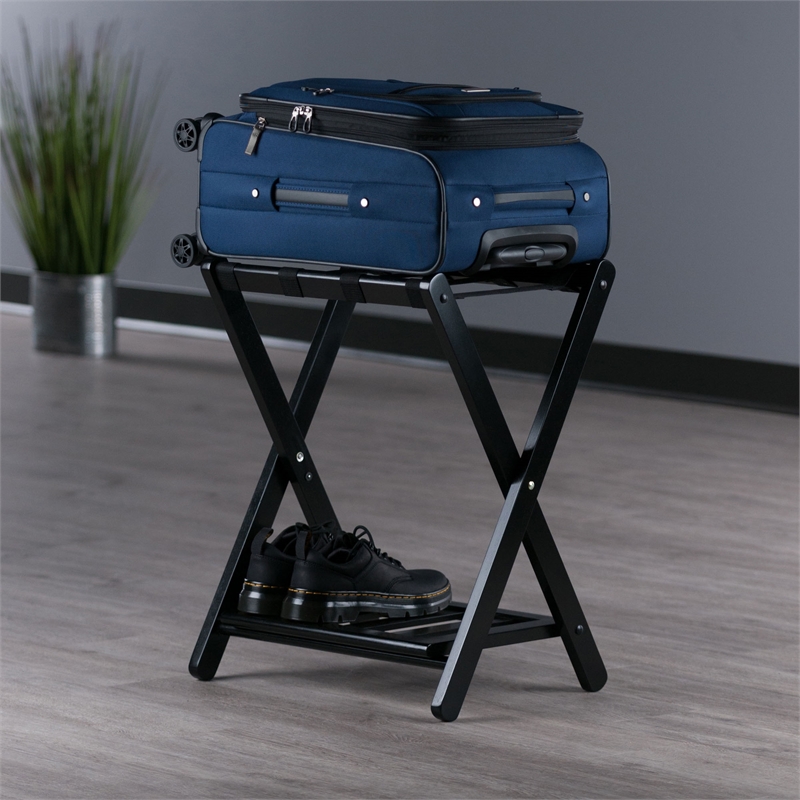 Winsome Raya Transitional Solid Wood Luggage Rack with Shelf in Black