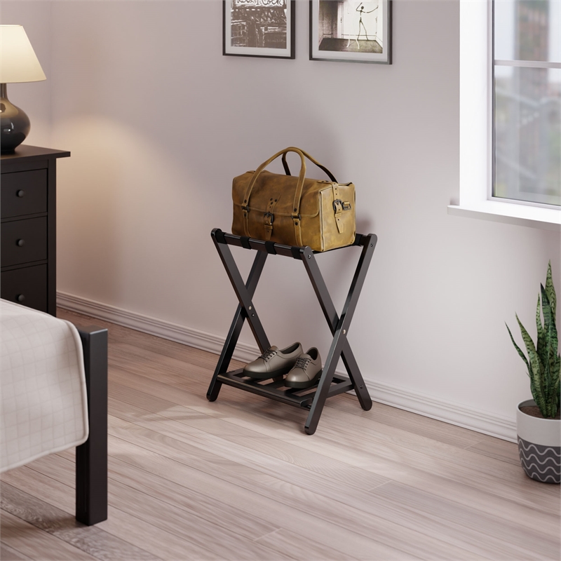 Winsome Raya Transitional Solid Wood Luggage Rack with Shelf in Black