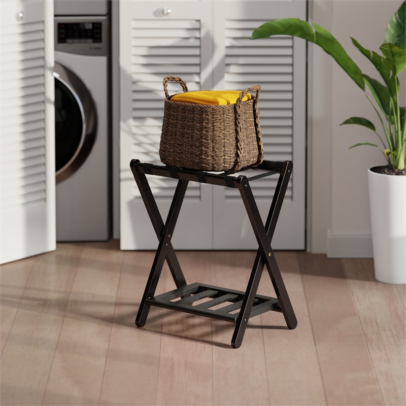 Winsome Raya Transitional Solid Wood Luggage Rack with Shelf in Black