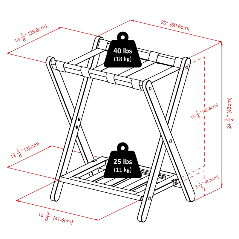 Winsome Raya Transitional Solid Wood Luggage Rack with Shelf in Black