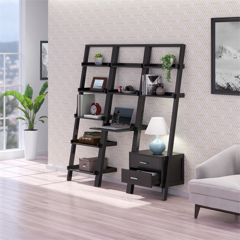 Winsome Bellamy 3-Piece Solid Wood Leaning Desk & Shelf Set in Lustrous Black