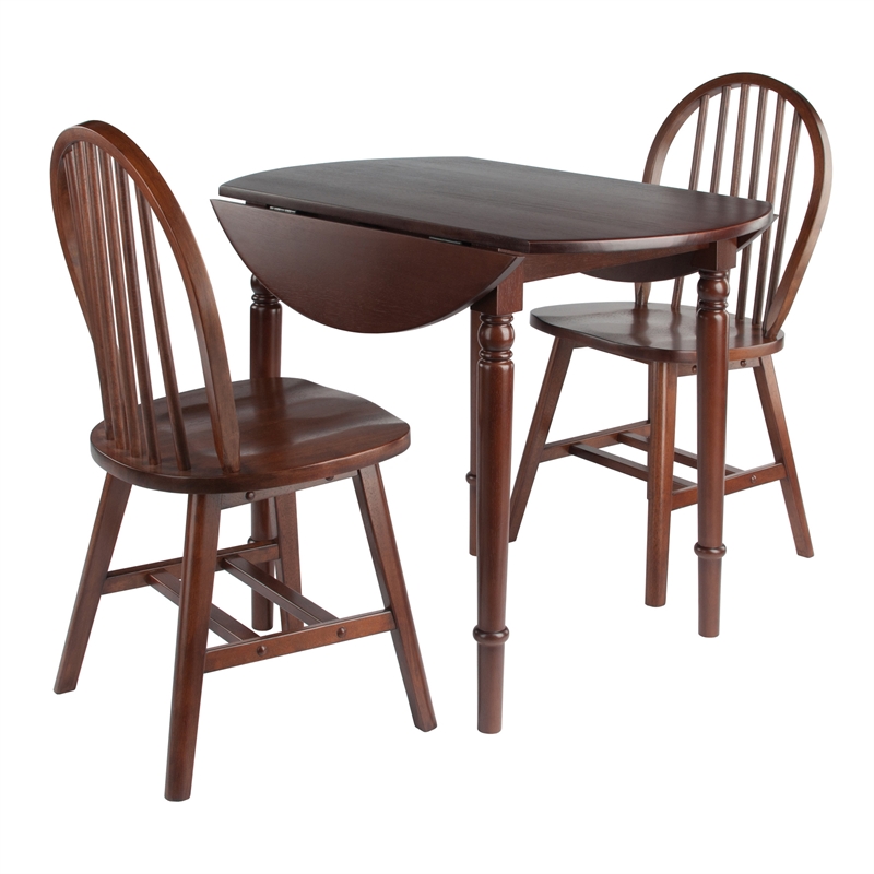 Winsome Sorella 3Pc Drop Leaf Dining Table with Windsor Chairs Walnut Finish