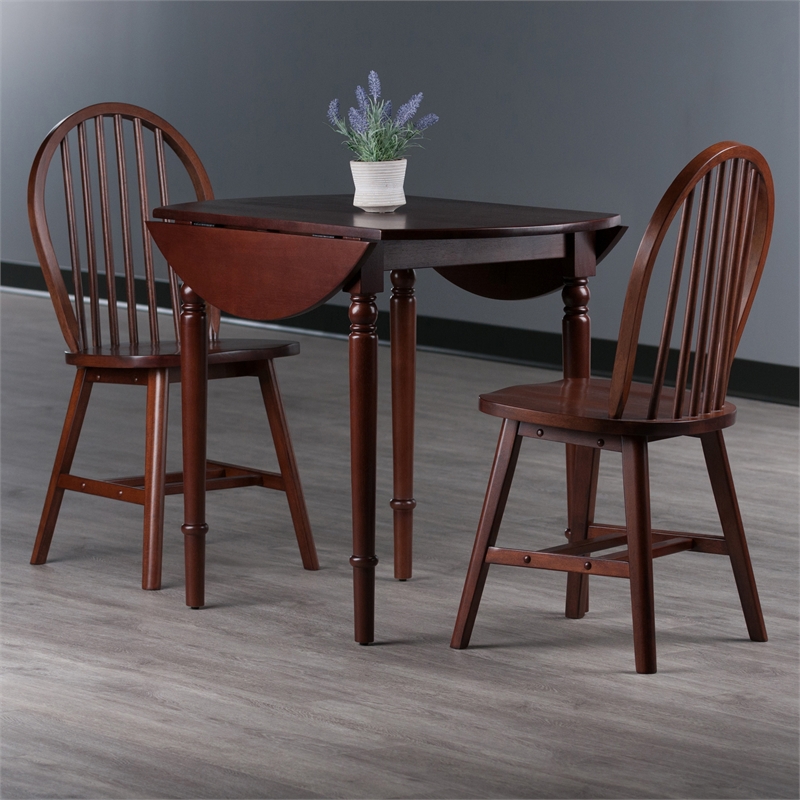 Winsome Sorella 3Pc Drop Leaf Dining Table with Windsor Chairs Walnut Finish