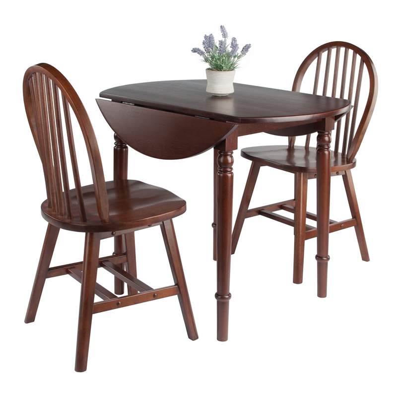 Winsome Sorella 3Pc Drop Leaf Dining Table with Windsor Chairs Walnut Finish