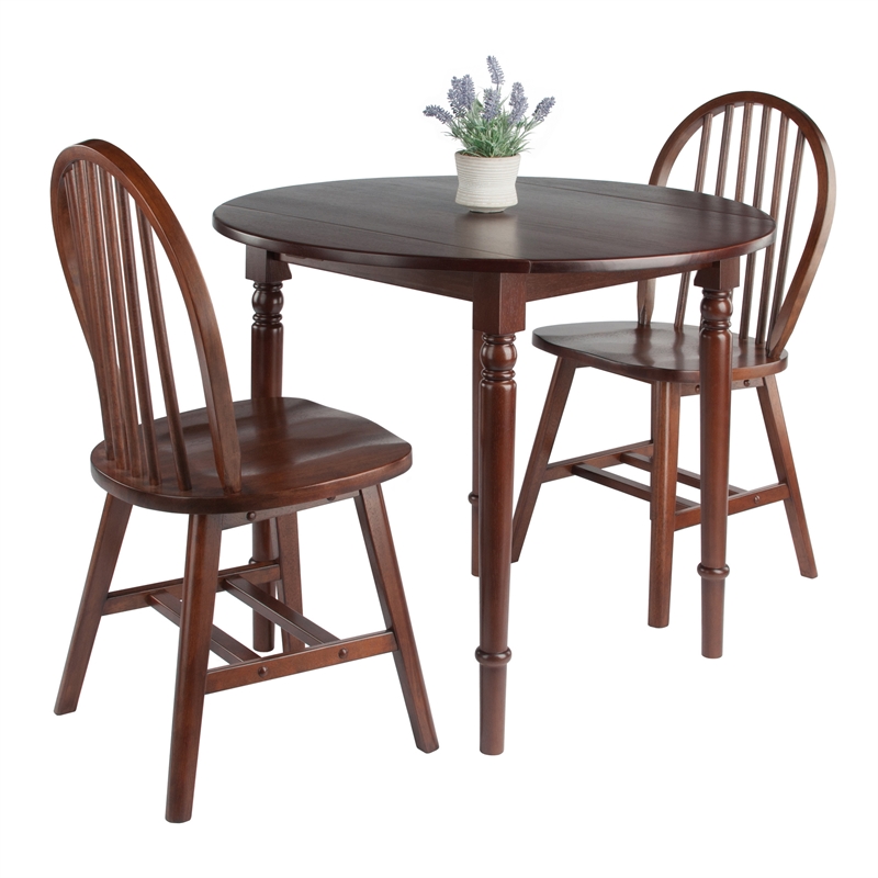 Winsome Sorella 3Pc Drop Leaf Dining Table with Windsor Chairs Walnut Finish