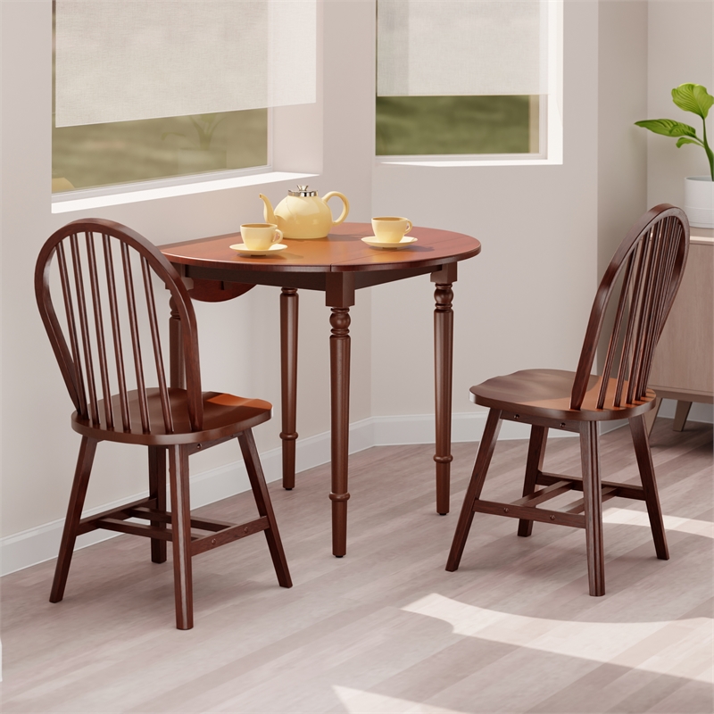 Winsome Sorella 3Pc Drop Leaf Dining Table with Windsor Chairs Walnut Finish