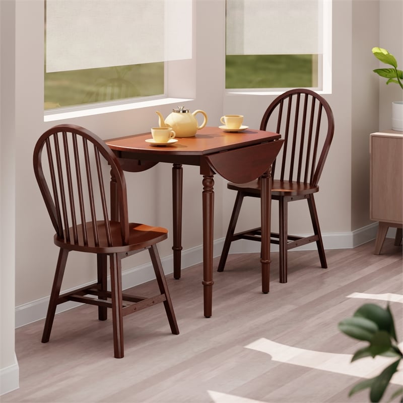 Winsome Sorella 3Pc Drop Leaf Dining Table with Windsor Chairs Walnut Finish