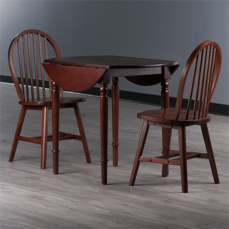 Winsome Sorella 3Pc Drop Leaf Dining Table with Windsor Chairs Walnut Finish