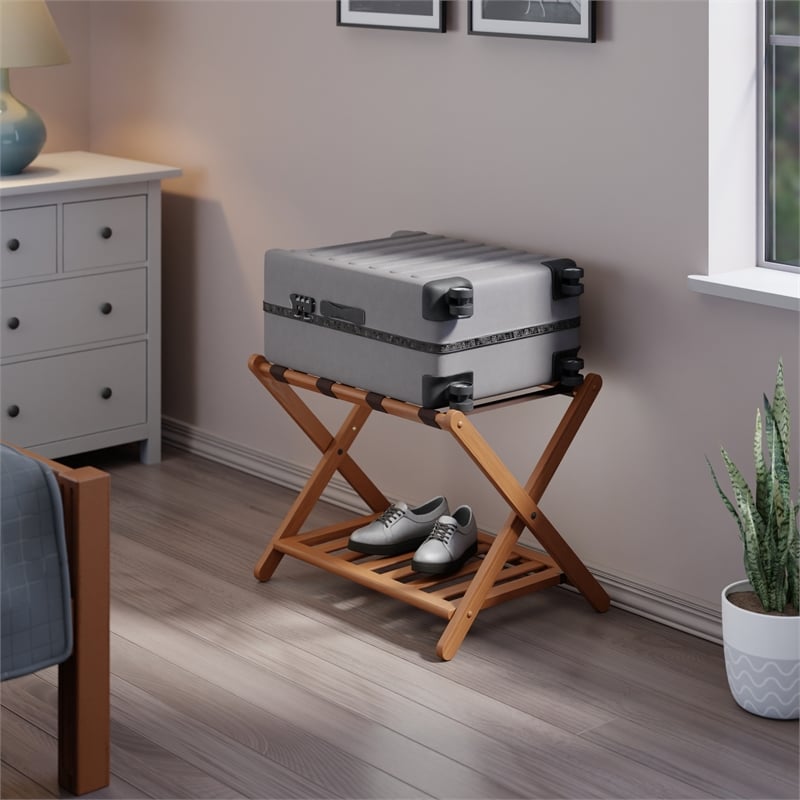 Winsome Reese Luggage Rack with Shelf in Teak Finish