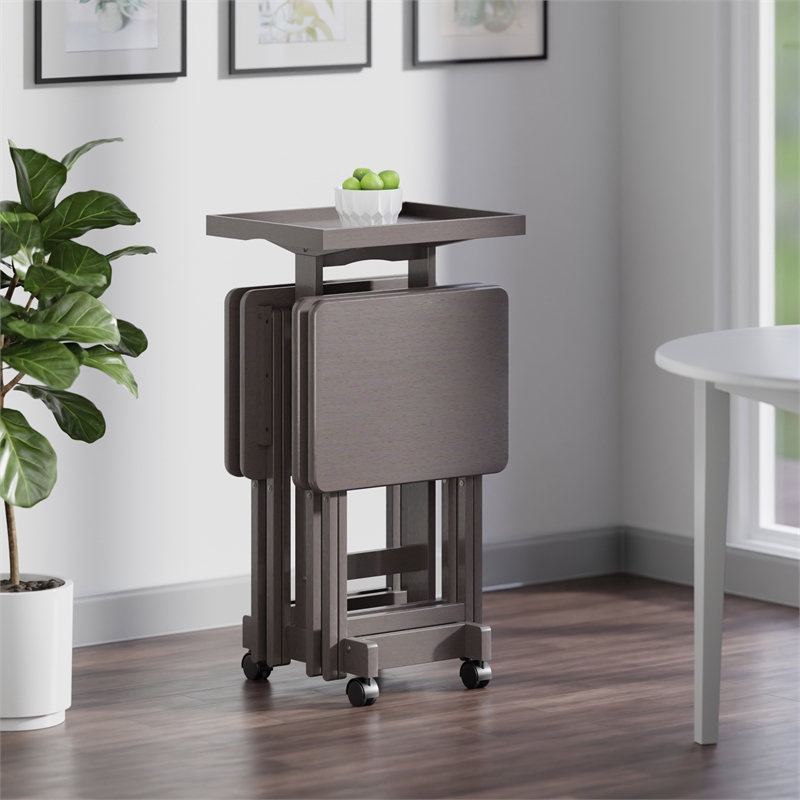Isabelle 4 Snack Tables and Storage Stand with Removable Tray Oyster Gray Finish