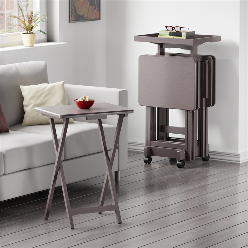 Isabelle 4 Snack Tables and Storage Stand with Removable Tray Oyster Gray Finish
