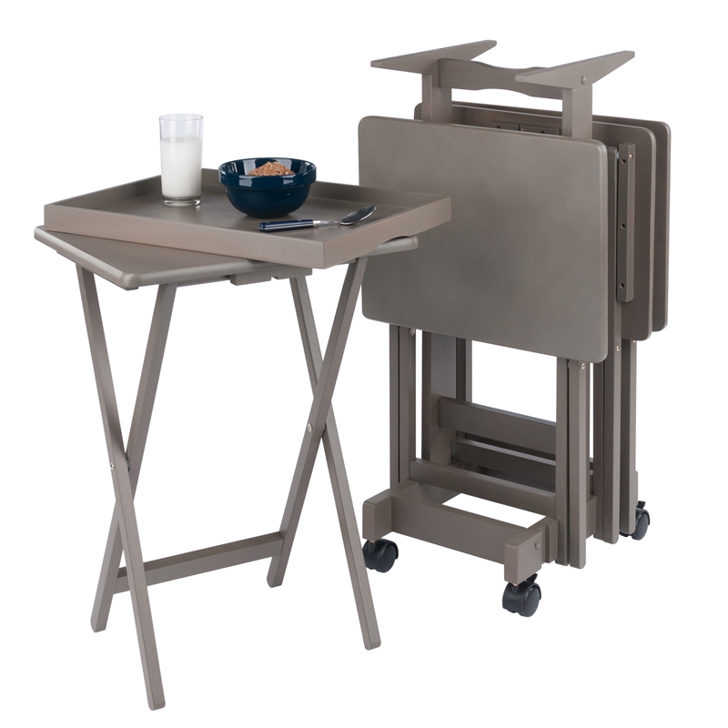 Isabelle 4 Snack Tables and Storage Stand with Removable Tray Oyster Gray Finish
