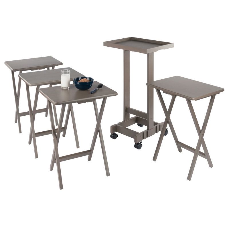 Isabelle 4 Snack Tables and Storage Stand with Removable Tray Oyster Gray Finish