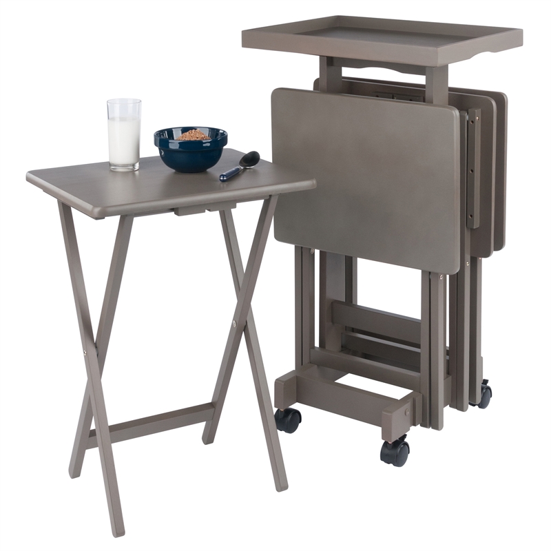 Isabelle 4 Snack Tables and Storage Stand with Removable Tray Oyster Gray Finish