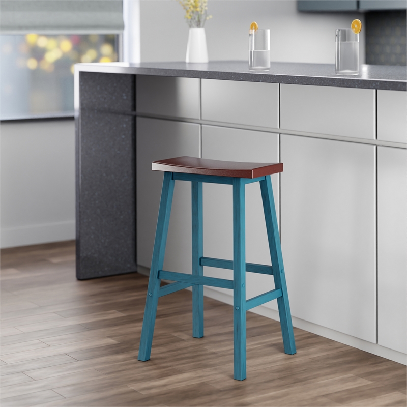 Satori Saddle Seat 29In Bar Stool Rustic Teal and Walnut Finish