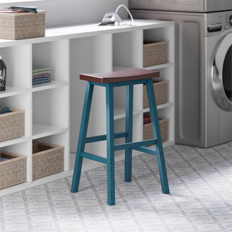 Satori Saddle Seat 29In Bar Stool Rustic Teal and Walnut Finish