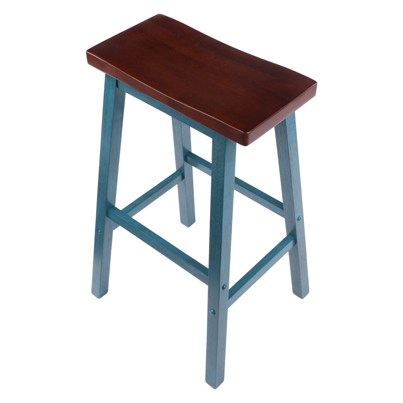 Satori Saddle Seat 29In Bar Stool Rustic Teal and Walnut Finish