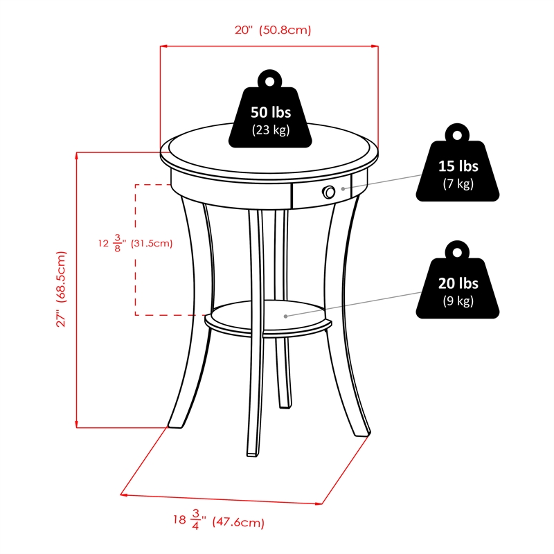 Winsome Sasha Round Solid Wood Accent Table with Drawer Curved Legs in White