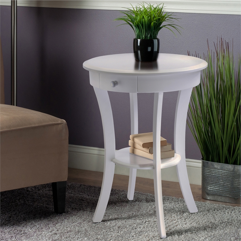 Winsome Sasha Round Solid Wood Accent Table with Drawer Curved Legs in White