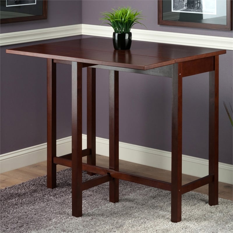 Winsome Lynnwood Drop Leaf High Solid Wood Dining Table in Antique Walnut