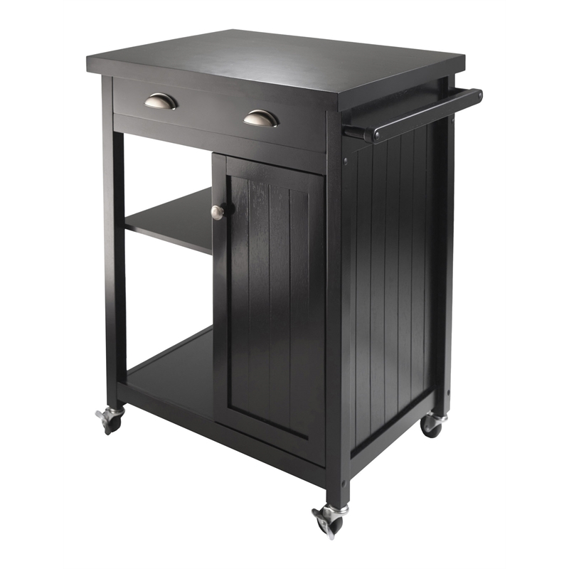 Winsome Timber Transitional Solid Wood Kitchen Cart with Wainscot Panel in Black