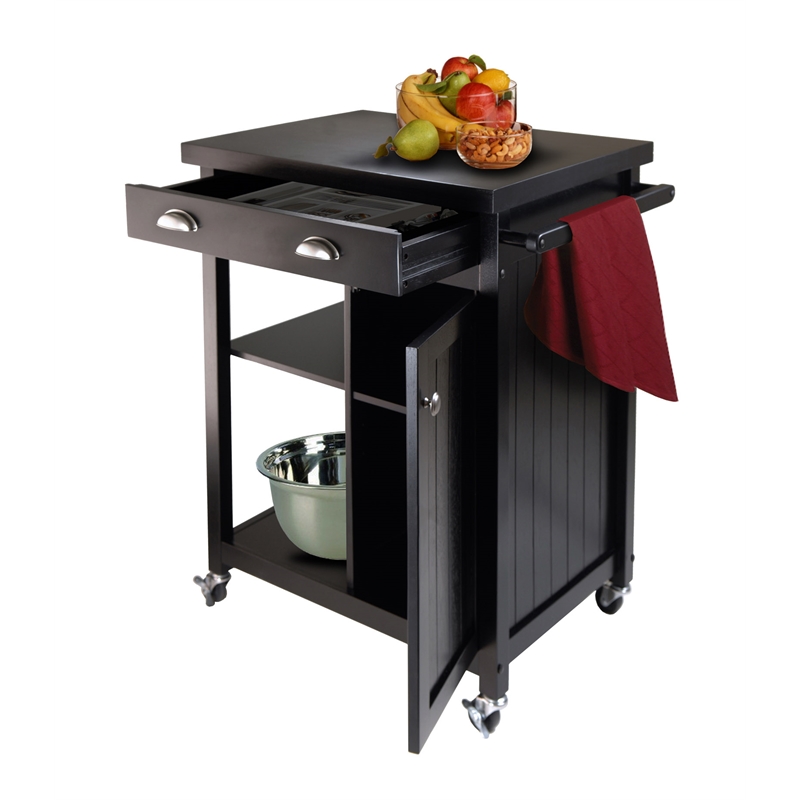 Winsome Timber Transitional Solid Wood Kitchen Cart with Wainscot Panel in Black