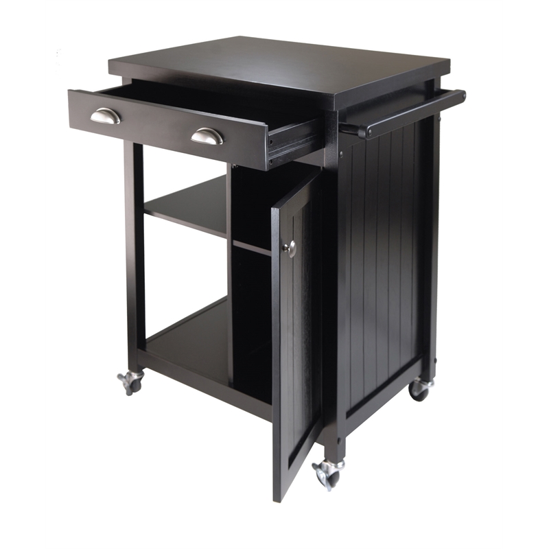 Winsome Timber Transitional Solid Wood Kitchen Cart with Wainscot Panel in Black