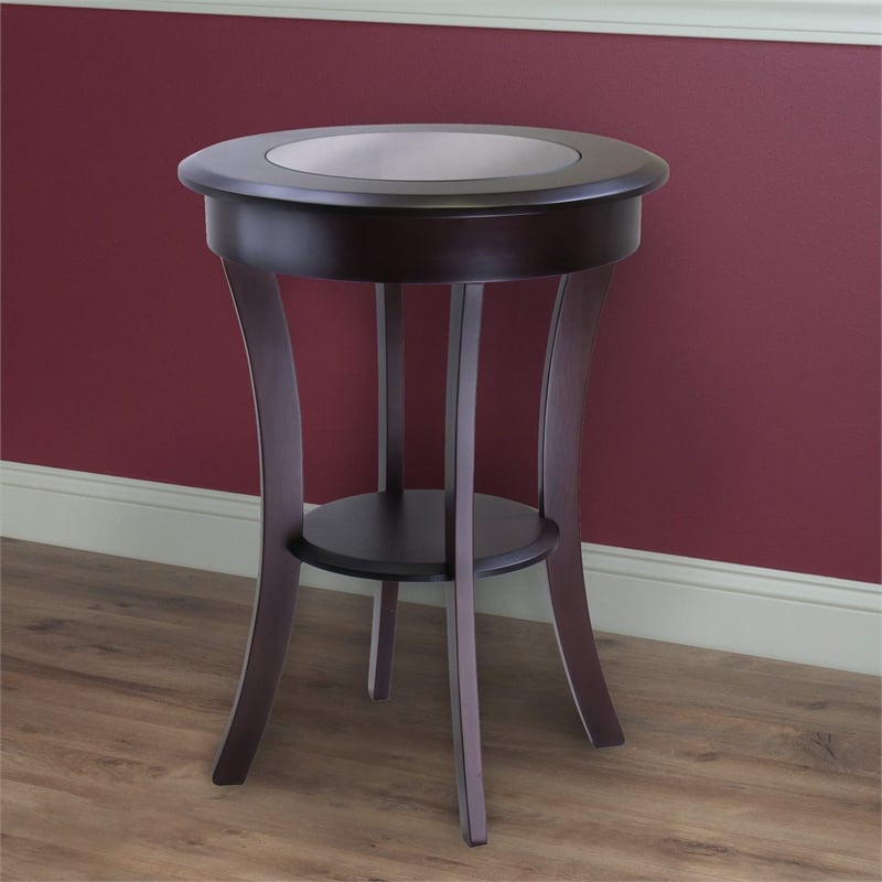 Winsome Cassie Round Transitional Solid Wood End Table with Glass in Cappuccino