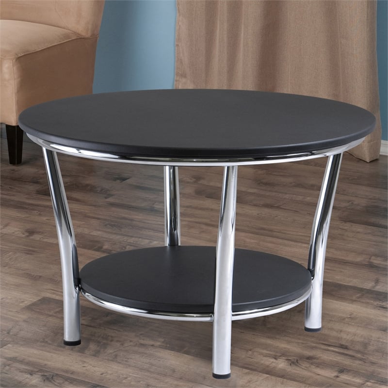 Winsome Maya Round Solid Wood Coffee Table Top with Legs in Black/Metal Finish