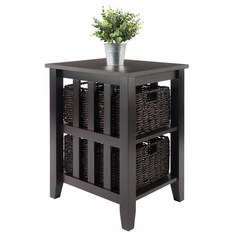 Winsome Morris Wood Side Table with 2 Foldable Baskets in Espresso