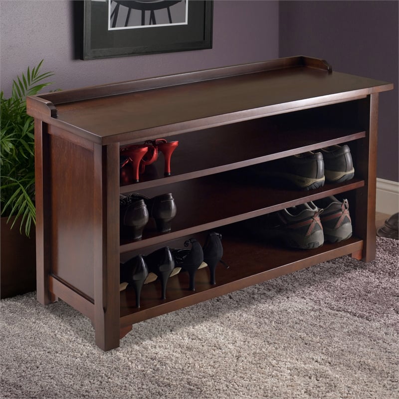 Winsome Dayton Storage Hall Bench Solid Wood Shoe Rack with Shelves in Walnut
