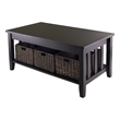 Winsome Morris Solid Wood Coffee Table with Three Foldable Baskets in Espresso