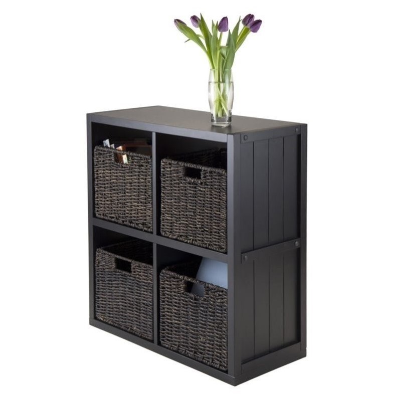 5Pc 2x2 Wainscoting Shelf with 4 Husk Baskets in Black 20425