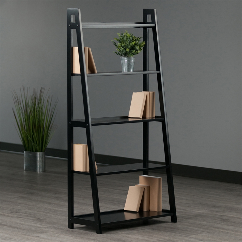 Winsome Adam 5-Tier A-Frame Transitional Solid Wood Book Shelf in Black