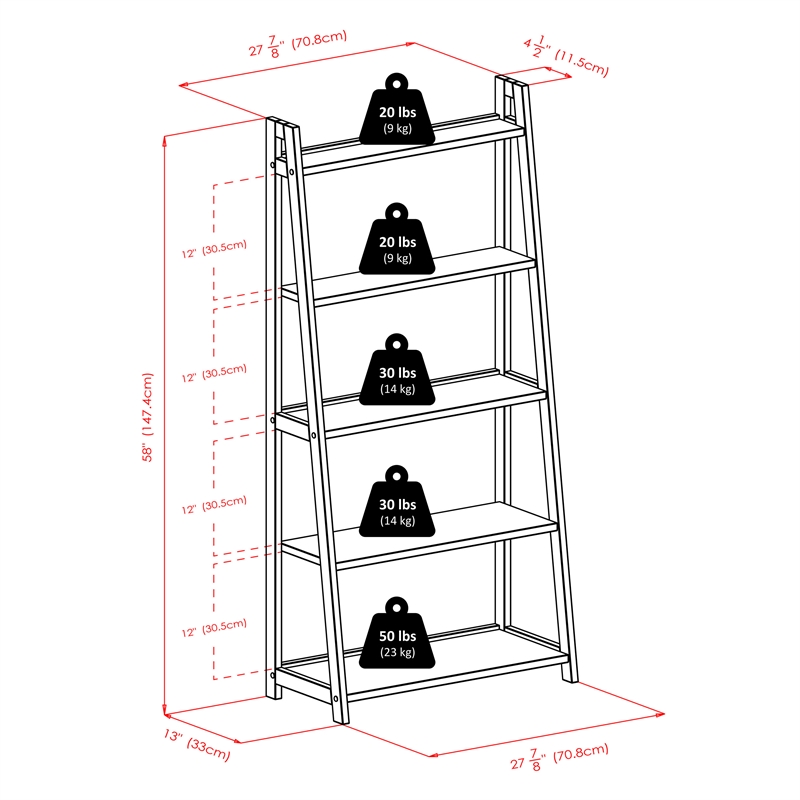 Winsome Adam 5-Tier A-Frame Transitional Solid Wood Book Shelf in Black