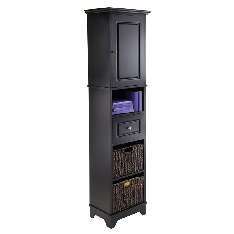 Winsome Wyatt Tall Transitional Wood Linen Cabinet with Baskets in Black