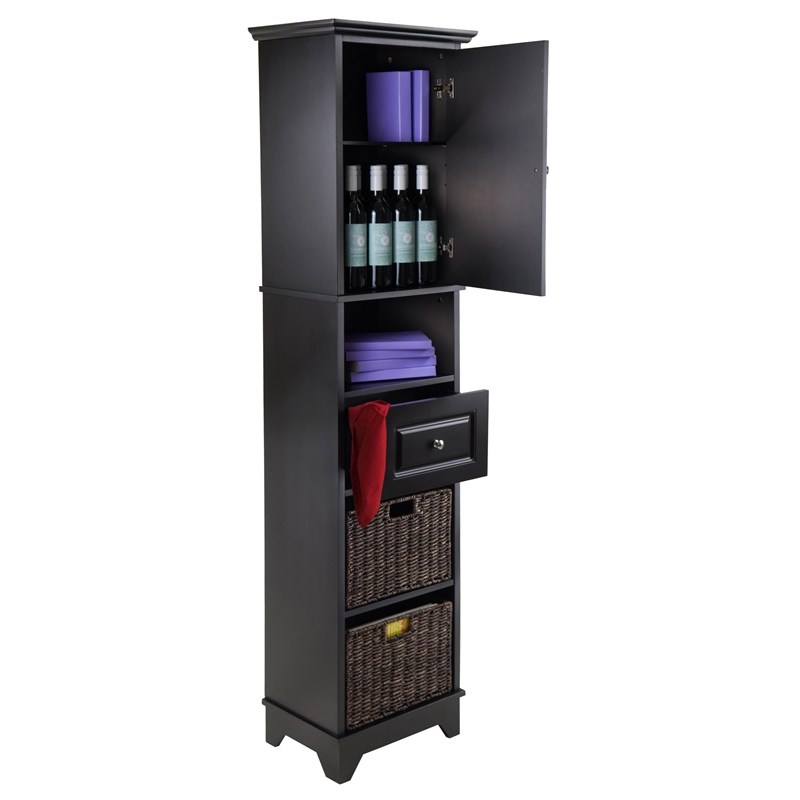 Winsome Wyatt Tall Transitional Wood Linen Cabinet with Baskets in Black