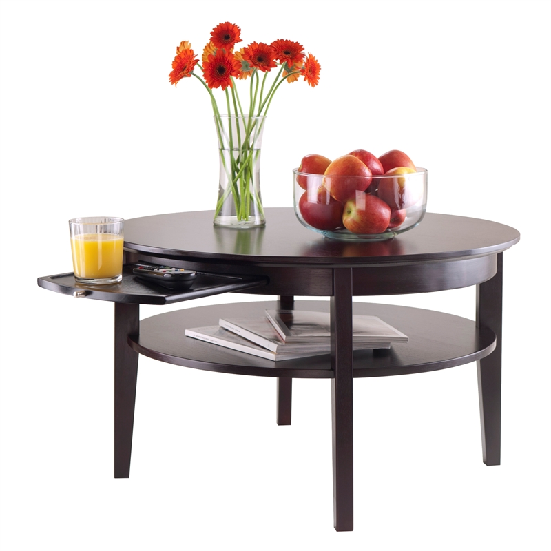 Winsome Amelia Round Solid Wood Coffee Table with Pull out Tray in Dark Espresso