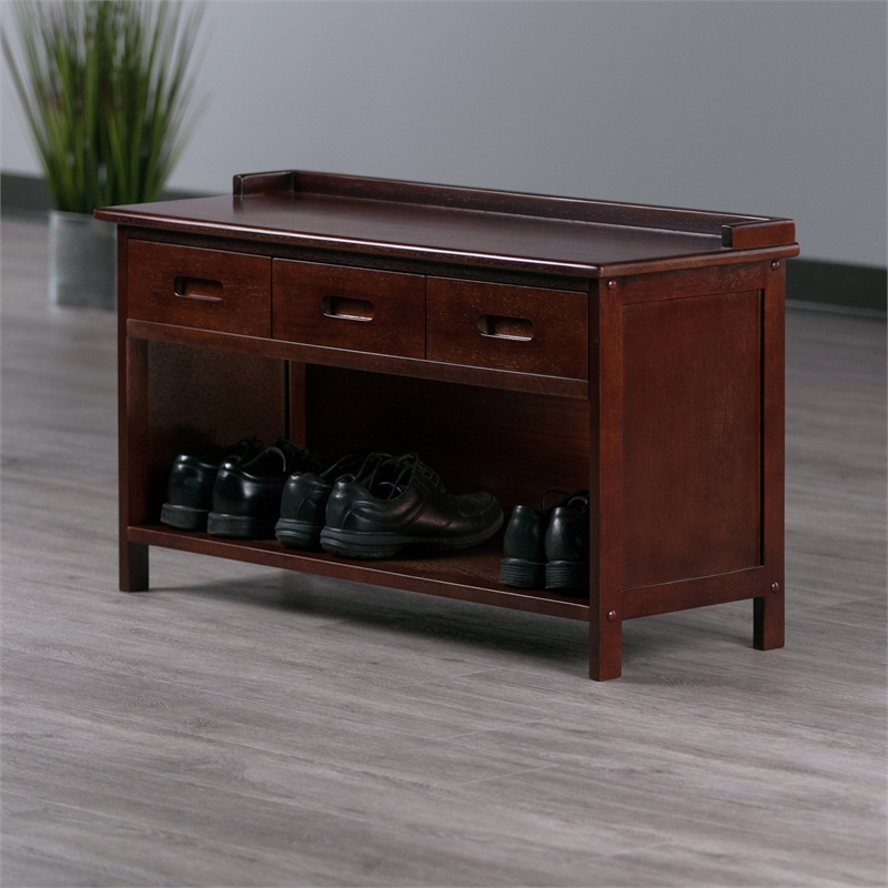 Winsome Adriana 3-Drawer Solid Wood Bench with Storage in Antique Walnut