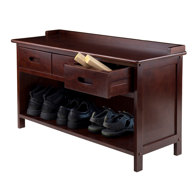 Winsome Adriana 3-Drawer Solid Wood Bench with Storage in Antique Walnut