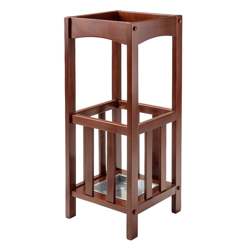 Winsome Rex Transitional Solid Wood Umbrella Stand with Metal Tray in Walnut