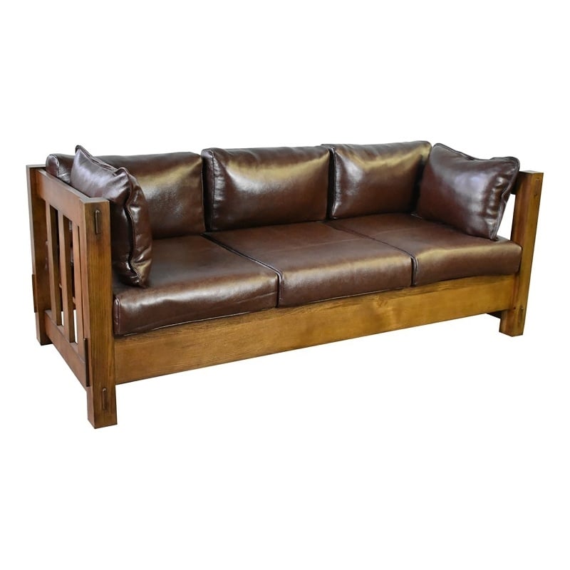 Crafters and Weavers Arts and Crafts Slat Leather Sofa in Walnut