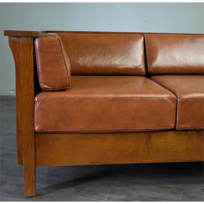 Crafters and Weavers Arts and Crafts Leather Side Sofa in Russet Brown