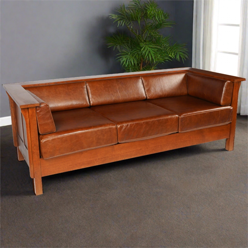 Crafters and Weavers Arts and Crafts Leather Side Sofa in Chestnut Brown