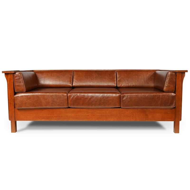 Crafters and Weavers Arts and Crafts Leather Side Sofa in Chestnut Brown
