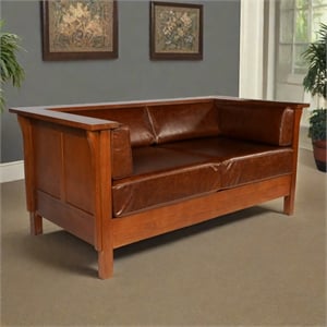 Crafters and Weavers Arts and Crafts Leather Side Loveseat in Chestnut Brown