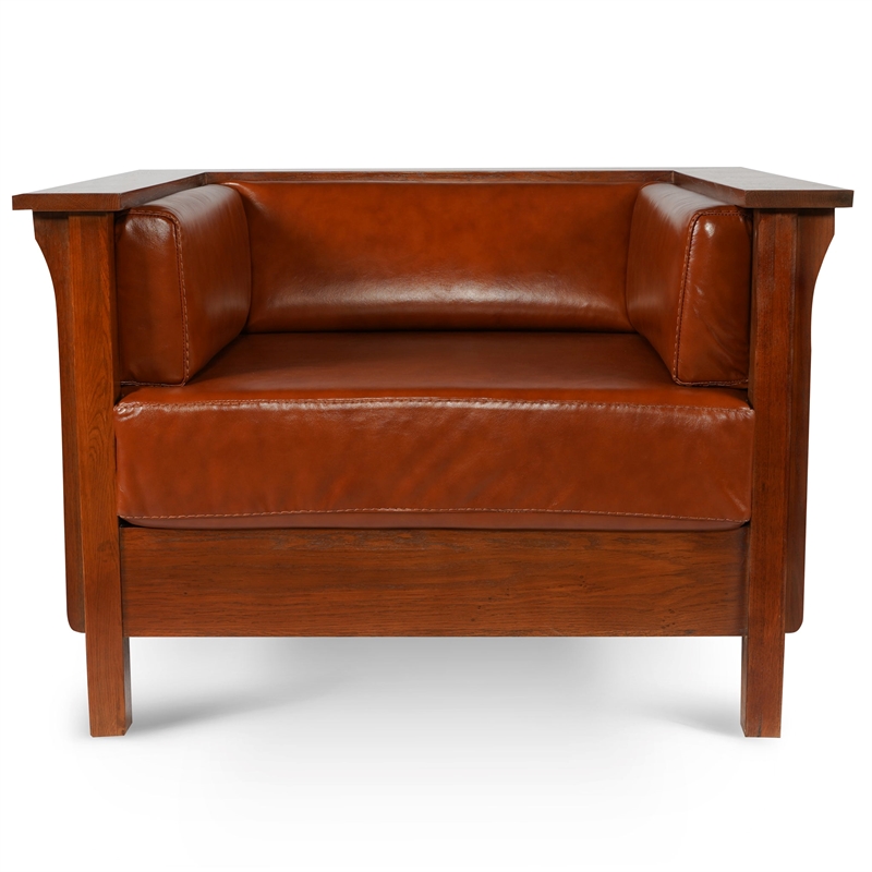 Crafters and Weavers Arts and Crafts Leather Panel Arm Chair in Russet Brown