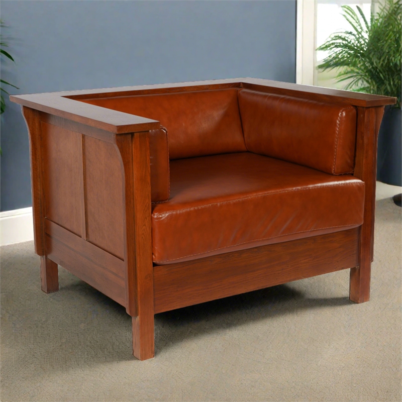 Crafters and Weavers Arts and Crafts Leather Panel Arm Chair in Russet Brown