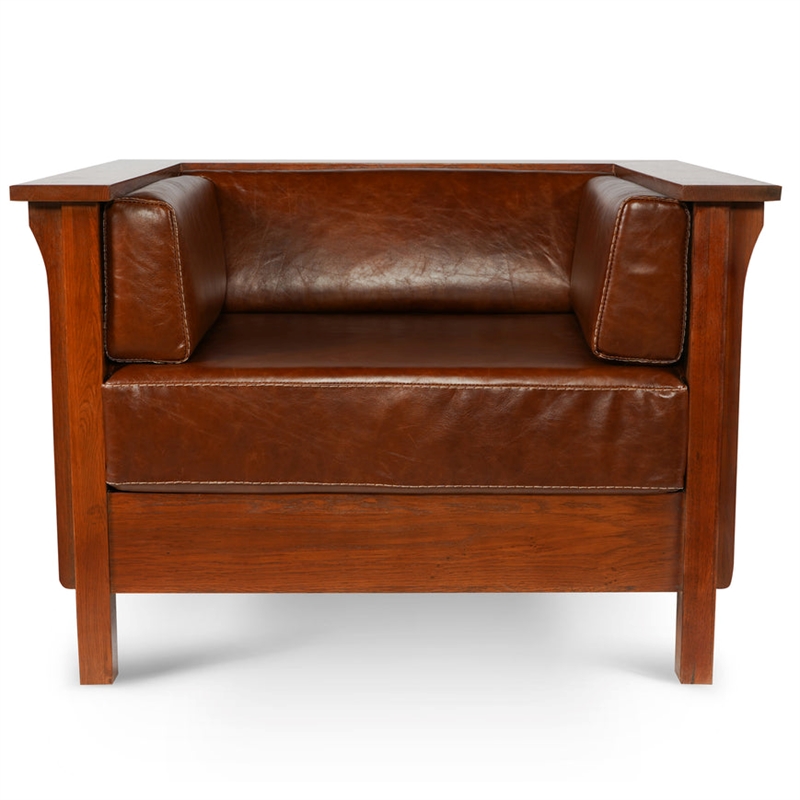 Crafters and Weavers Arts and Crafts Leather Panel Side Arm Chair in Chestnut